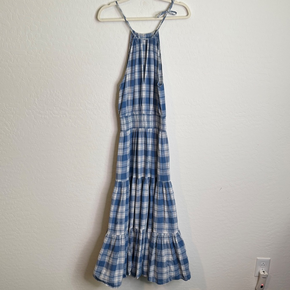 Ralph Lauren Womens 100% Cotton Maxi Dress M Blue Plaid Halter Tiered Cottage